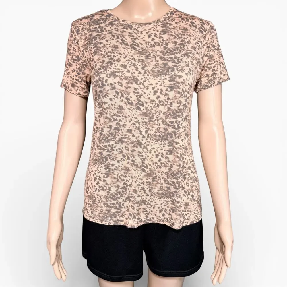 Nine West Womens T Shirt Top Soft Spun Animal Print Rayon Short Sleeve Brown XS